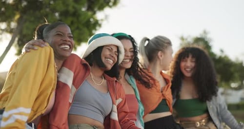 Friends, group and hug outdoor with happiness, care and relationship in summer for bonding