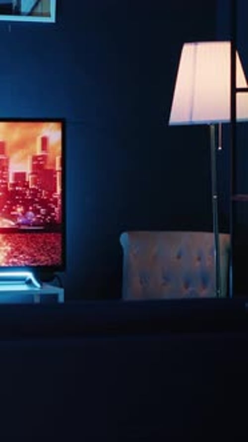 Vertical Video Empty Stylish Neon Lit Home Studio Interior Illuminated with Neon Lights at Night and