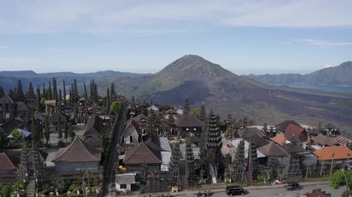 Aerial view of the Pura Ulun Danu Batur temple and Mount Batur, Indonesia.