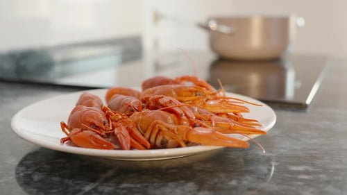 A plate of freshly boiled crayfish, steam comes from them, the camera rotates in a circle. Close-up
