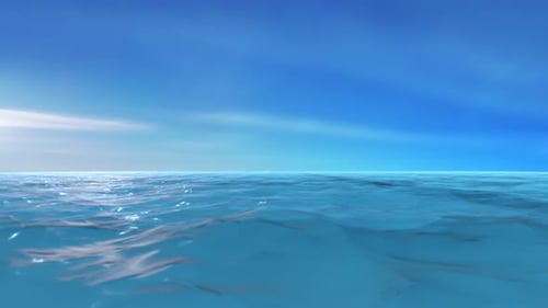 Landschaft mit gewundenem animiertem blauem Meer mit Himmel und Wolken
