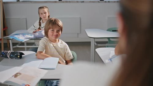 Primary School Boy Learning Classroom Schoolchildren Writing Copybook at Lesson
