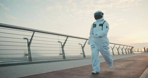Female Astronaut in Space Suit Confidently Walking on Mars Hispanic Woman Cosmonaut Exploring Deep