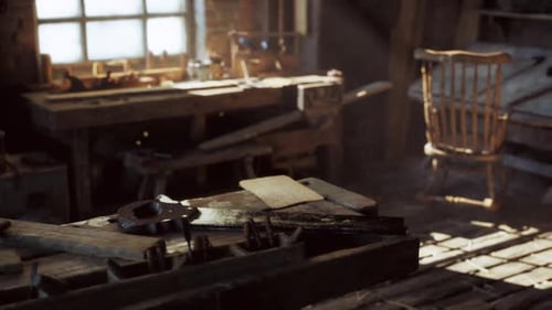 Old Carpentry Workshop Filled with Vintage Tools and Warm Sunlight Streaming in