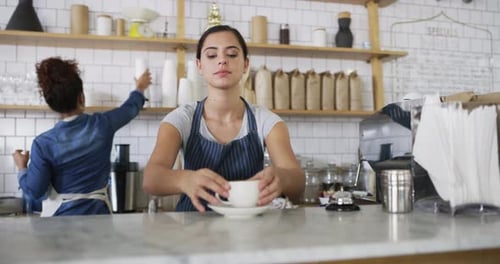 Happy woman, coffee shop and cafe, server, working and barista in startup, smile and store