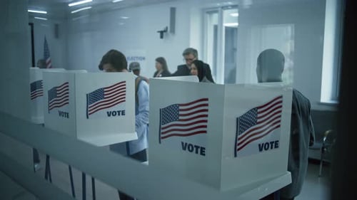 Multicultural American Citizens Vote in Booths in Polling Station