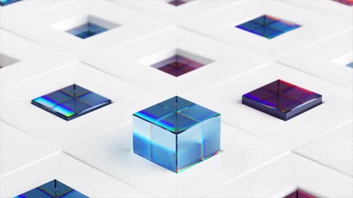 Concept abstrait Des cubes multicolores émergent de cellules carrées sur une surface blanche brillante de haut en bas