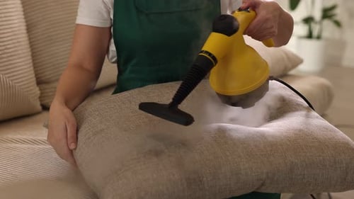 Woman cleaning spot with handheld steam cleaner