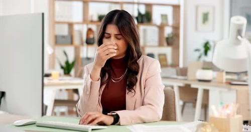 Eye strain, pain or Indian woman in office with computer, tired or headache in task management