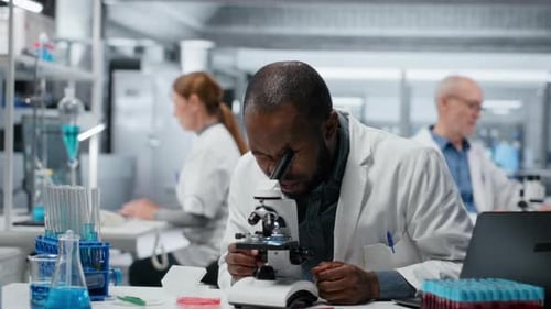 Scientist using microscope in modern laboratory