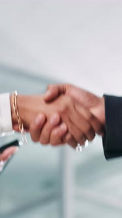 Business People Shake Hands in Bright Office