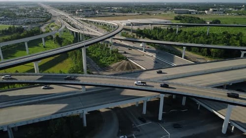 Extensive Aerial View of Complex Multi Level Highway Interchange Traffic System