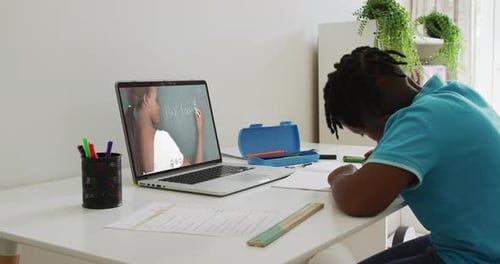 Boy Doing Schoolwork With Online Teacher on Laptop