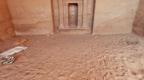 Tilt up shot of carved doorway, Petra archaeological Park, Jordan