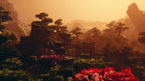 Serene Mountain Temple Amid Lush Greenery and Flowers at Sunset