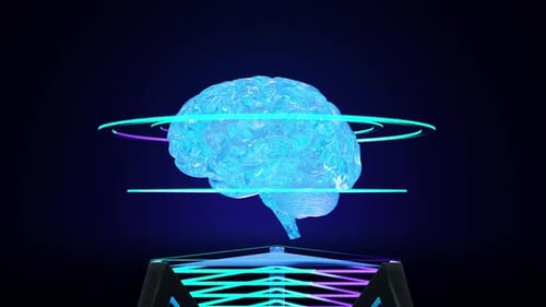 Animação 3D do cérebro com linhas espirais sobre uma máquina moderna