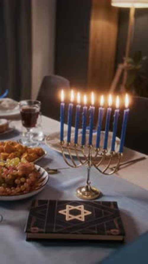 Hanukkah Celebration with Menorah and Candles
