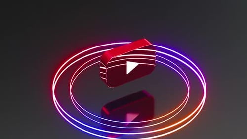 Dynamic red abstract shape with vibrant neon light rings pulsating