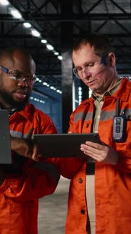 Vertical Video Industrial Staff Oversees Plant Operation with Gadgets Surrounded By Tools