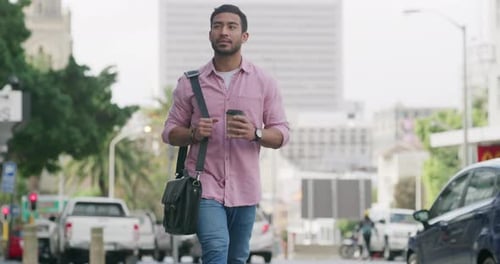 Walking, employee and man with coffee, street and travel to work in morning, outdoor or journey
