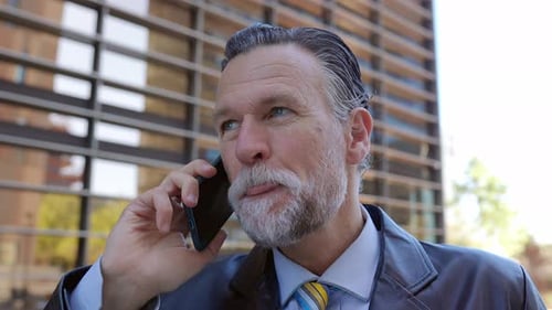 Successful Senior Salesman Talking on Mobile Phone with Customer in City Street