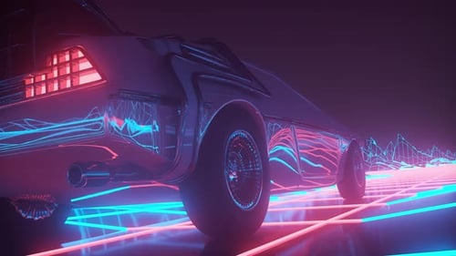 Futuristisches Neonautofahren im Retro-Stil in Synthwave-Loop-Animation