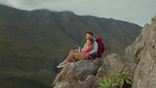 Hiking, mountain and view, couple relax on outdoor adventure travel and peace in nature