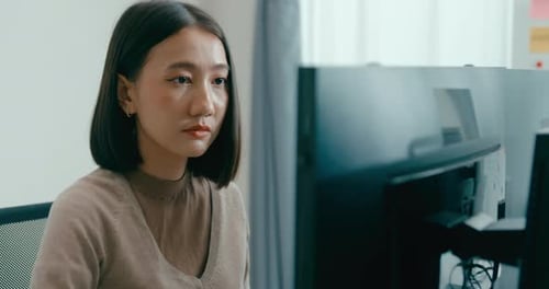 Young adult Asia female freelance typing write prompt AI bot IT app smart program nomad.