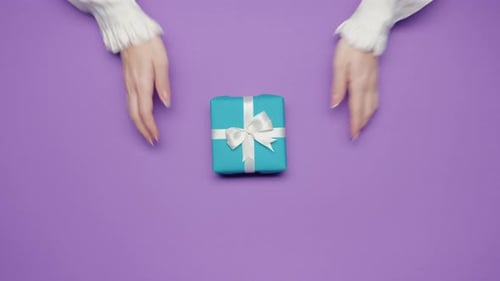 Beauty of Giving and Receiving Gifts Presents Between Man Woman Violet Top View Couple Celebrations