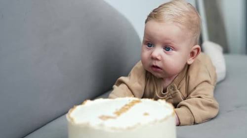 Blue-eyed baby boy lying in front of a cake. Four months old infant lies on his belly. Close up.