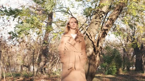 Portrait d'une jeune femme blonde séduisante marchant dans le parc d'automne au coucher du soleil