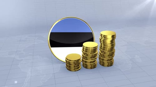 Estonia Flag With Plain Gold Coins Tower
