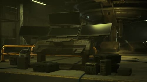 Underground Assembly Area Featuring Shadowy Benches and Complex Components