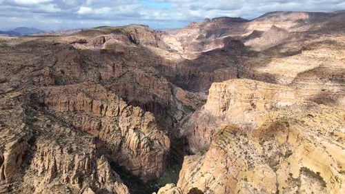 Aerial view of desert canyon and mountains, United States.
