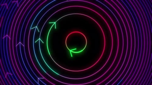 Glowing Neon Arrow Circle Sign On Black Background . Glowing Color Arrow Sign Circle Shape Arrows