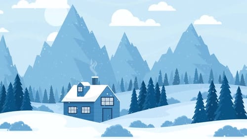 Flat Design Animated Winter Landscape with Falling Snow