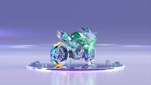 Advertising Concept A Diamond Motorbike Rotates on a Round Shiny Platform Blue Green Neon Color 3D