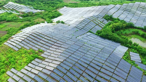 Aerial View Of Solar Panels (Solar Cell) With Sunlight. drone Flight ...