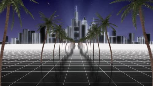 White Retro Background Looping Scene, 80s Retro Background With Palm Trees and Illuminated City
