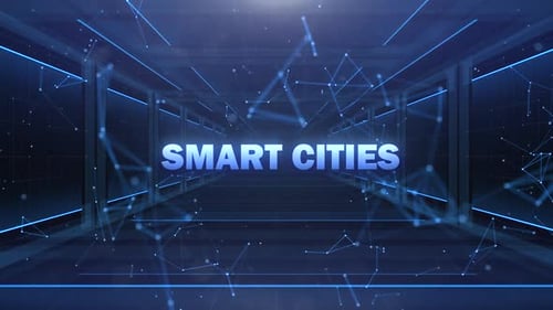 Smart Cities Text Reveal in Futuristic Digital Network Tunnel