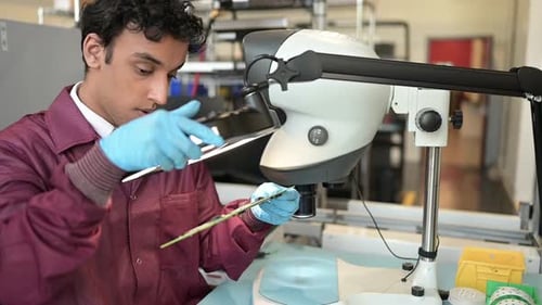 Male Engineer Examining Semiconductor Under Microscope in Factory 1819 Years
