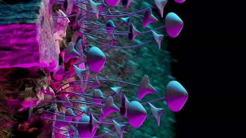 Psychedelic mushrooms in closeup 3d animation on strain, vertical