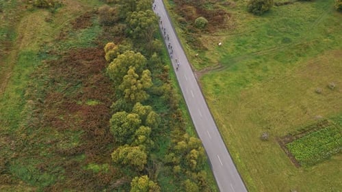 View of Drone People Riding Bicycles on Road Lots of Participants of Sports Competition Concept of