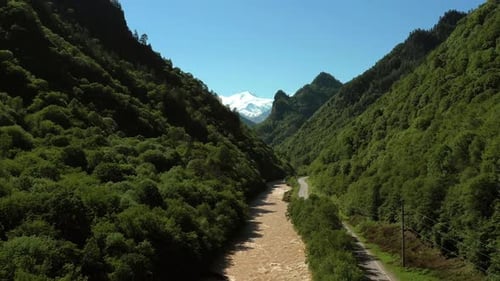 Aerial View of Serene River Meandering Through a Verdant Forest with Majestic SnowCapped Mountains