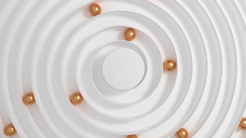 Abstract Geometric Background with Golden Spheres Moving on White Circles