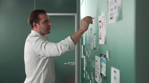 Un
chef de projet professionnel écrit à bord avec Ux et Ui Design. Manipulateur.