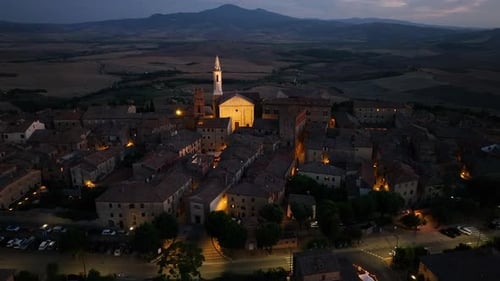 Pienza Tuscany Aerial View of the Medieval Town at Night Evening Siena Italy
