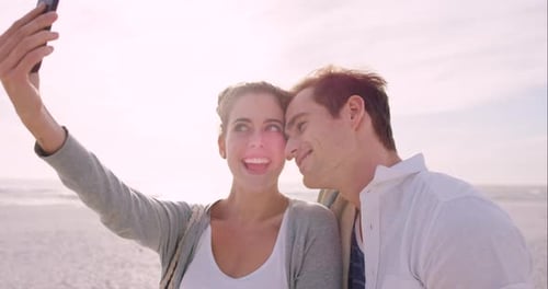 Selfie, young couple and smartphone at beach, summer vacation or bonding together outdoor