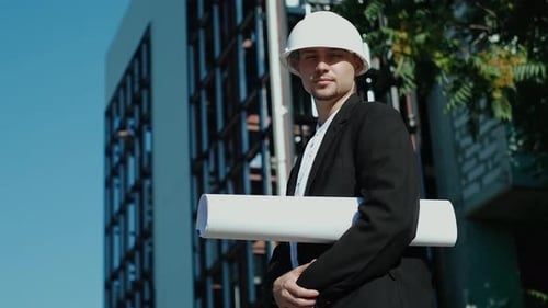 portrait of a successful handsome engineer, architect, builder, businessman in a white helmet, in a