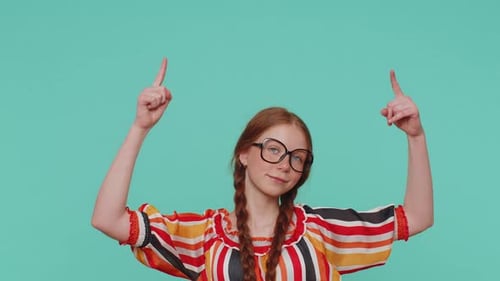 Girl Pointing Empty Place Advertising Area for Commercial Text Copy Space for Goods Promotion